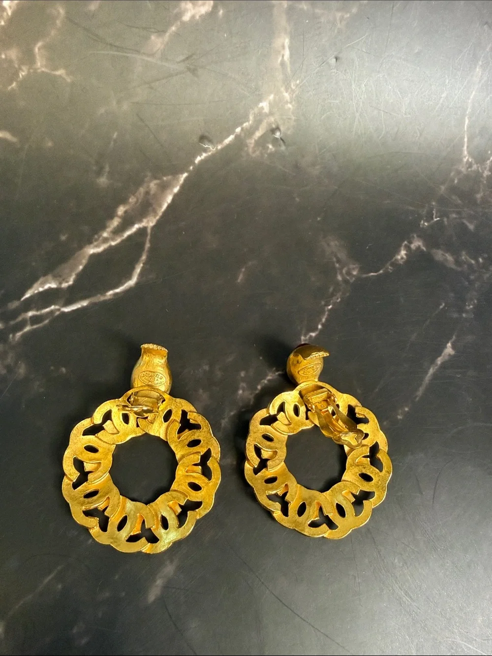 CHANEL Gold-Tone Link Hoop Earrings with Red Cabochon